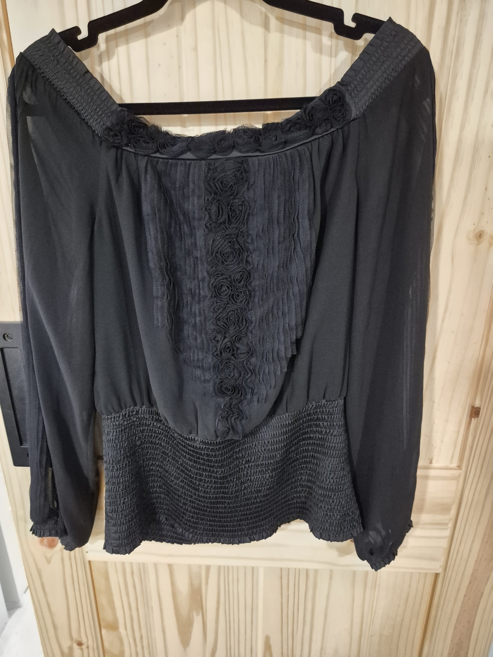 White House Black Market Black Off-Shoulder Blouse with Rosette Panel